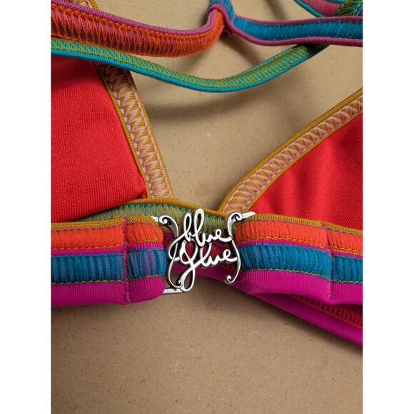 Thaikila Reversible Multicolor Bikini Triangle Top O-Ring Strappy Back Blue Glue - Picture 2 of 3